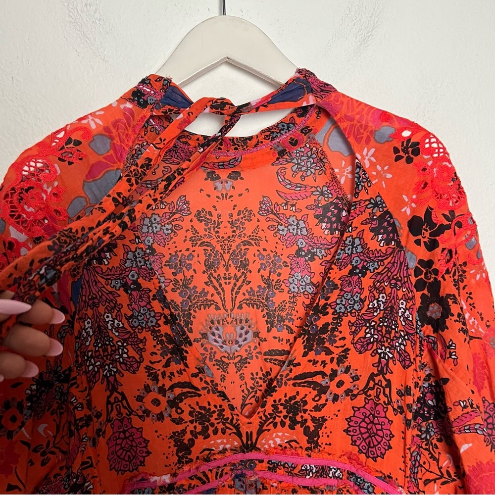 Free People Nouveau Floral Print High Neck Mini Dress Orange Red XS (No Slip) - Picture 11 of 13
